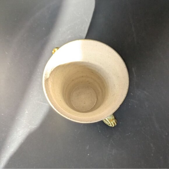 Studio Artisan Pottery Green Brown Glaze Cup 2 Handles Line Accent - Picture 5 of 12